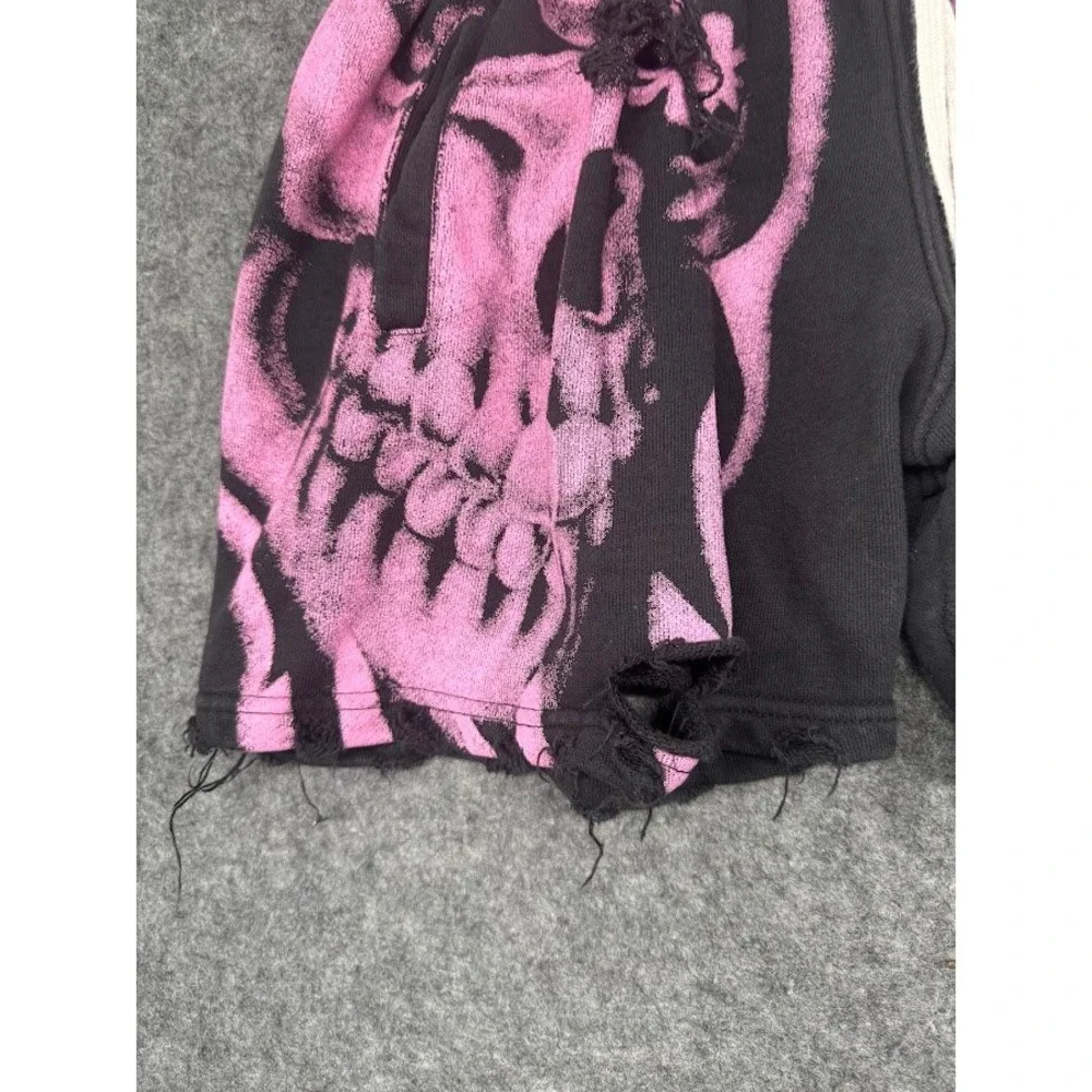 Unknown Brand Skull Print Distressed Sweat‎ Shorts Black Pink Streetwear Mens